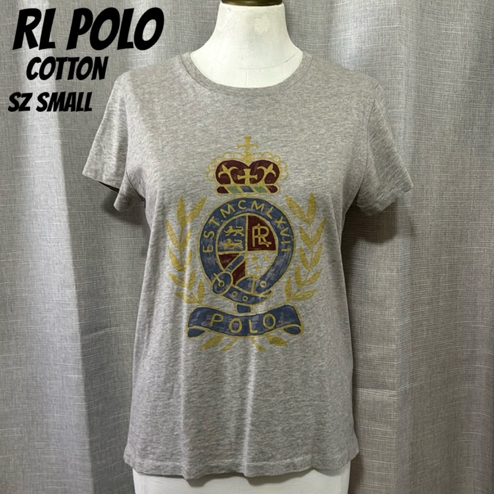 Ralph Lauren Polo T-Shirt-Sz S-Cap Sleeve-Distressed Logo-Gray-Cotton-EUC